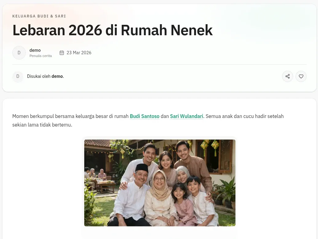 Halaman cerita keluarga di Naoto yang menampilkan momen keluarga, detail penulis, dan foto keluarga dalam satu konteks cerita.