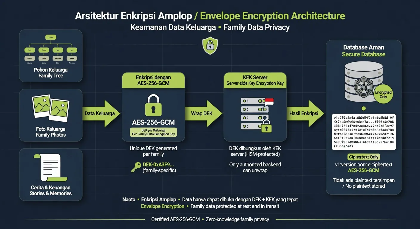 Ilustrasi arsitektur enkripsi AES-256-GCM envelope di Naoto yang menunjukkan Data Encryption Key (DEK) unik per keluarga dibungkus oleh Key Encryption Key (KEK) server, dengan hanya ciphertext yang tersimpan di database.